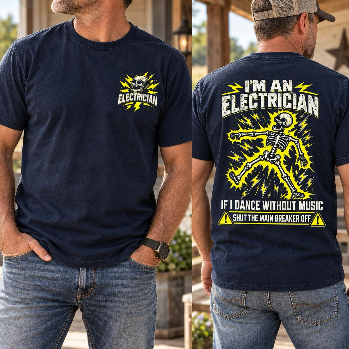 Funny Electrician T-Shirt – I'm an Electrician If I Dance Without Music Shut the Main Breaker Off Shirt, Skeleton Electrician Graphic Tee, Electrician Gift for Men, Electrical Worker Humor Shirt #VI