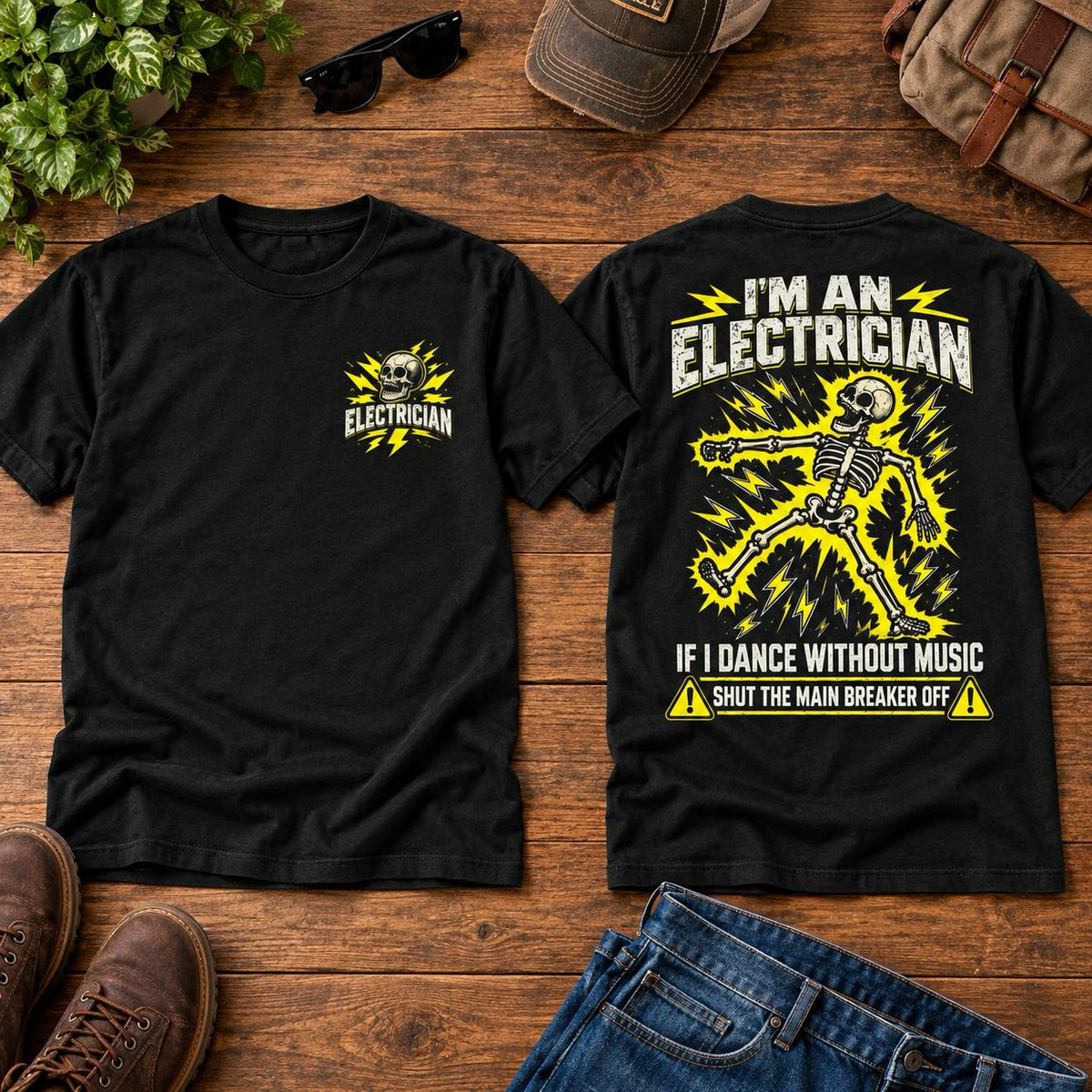 Funny Electrician T-Shirt – I'm an Electrician If I Dance Without Music Shut the Main Breaker Off Shirt, Skeleton Electrician Graphic Tee, Electrician Gift for Men, Electrical Worker Humor Shirt #VI