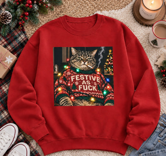 Festive As Fuck Cat Christmas Sweatshirt, Funny Grumpy Cat Ugly Christmas Sweater, Sarcastic Holiday Gift For Cat Lovers #TVI
