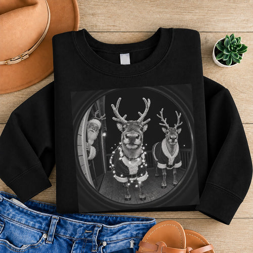 Santa Reindeer Doorbell Camera Christmas Sweatshirt, Funny Christmas Eve Security Cam Graphic Crewneck, Holiday Gift #TVI