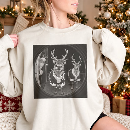Santa Reindeer Doorbell Camera Christmas Sweatshirt, Funny Christmas Eve Security Cam Graphic Crewneck, Holiday Gift #TVI
