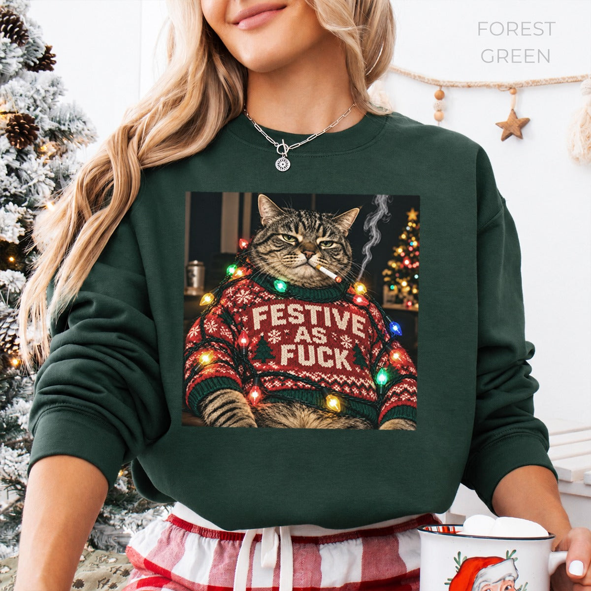 Festive As Fuck Cat Christmas Sweatshirt, Funny Grumpy Cat Ugly Christmas Sweater, Sarcastic Holiday Gift For Cat Lovers #TVI