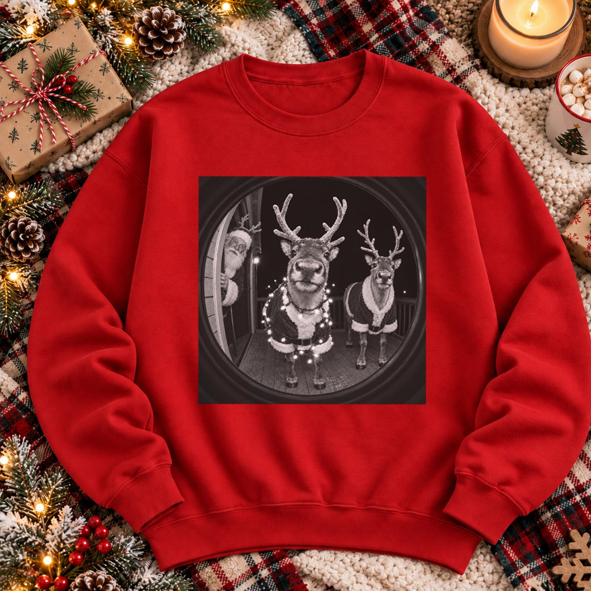 Santa Reindeer Doorbell Camera Christmas Sweatshirt, Funny Christmas Eve Security Cam Graphic Crewneck, Holiday Gift #TVI