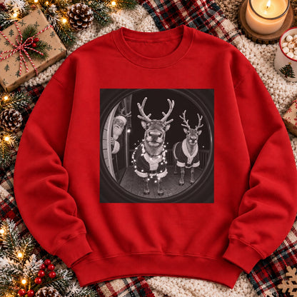 Santa Reindeer Doorbell Camera Christmas Sweatshirt, Funny Christmas Eve Security Cam Graphic Crewneck, Holiday Gift #TVI